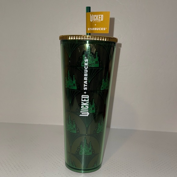 Wicked x Starbucks Emerald City Metallic Green Gold Cold 24oz Tumbler Cup NEW - Picture 1 of 2